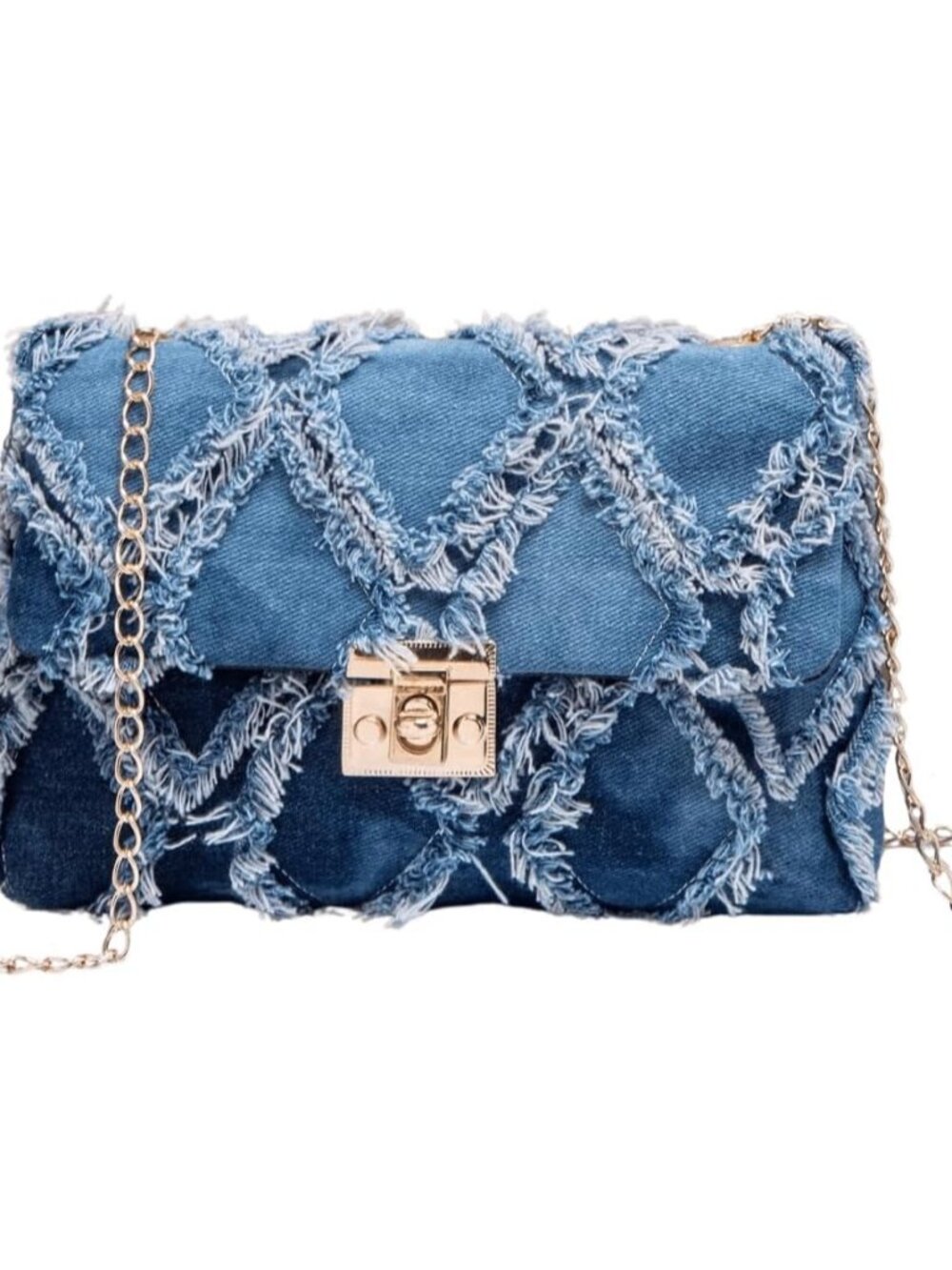 Women's Distressed Denim Crossbody Bag Twist Lock Quilted Handbag Mini Jean Purs